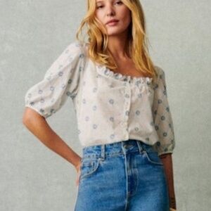 Sezane Kellia Shirt — Blue Ecru with Daisies
